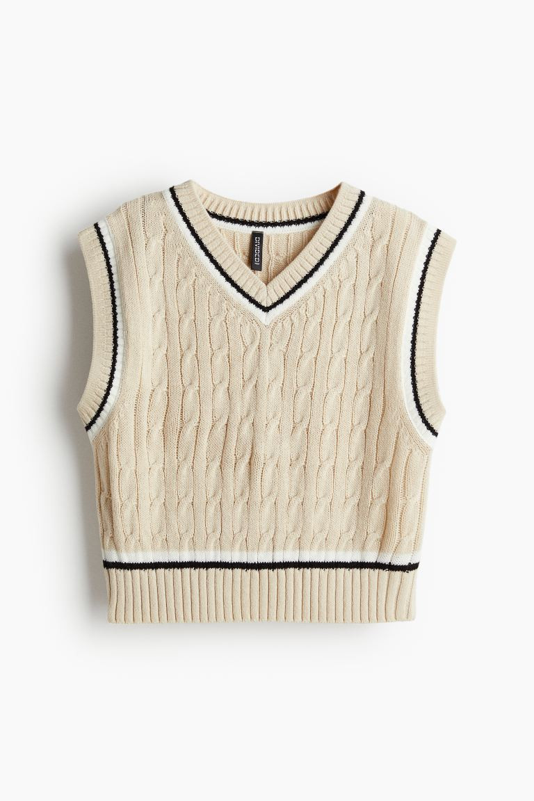 Cable-knit Sweater Vest - V-neck - Sleeveless - Light beige - Ladies | H&M US | H&M (US + CA)