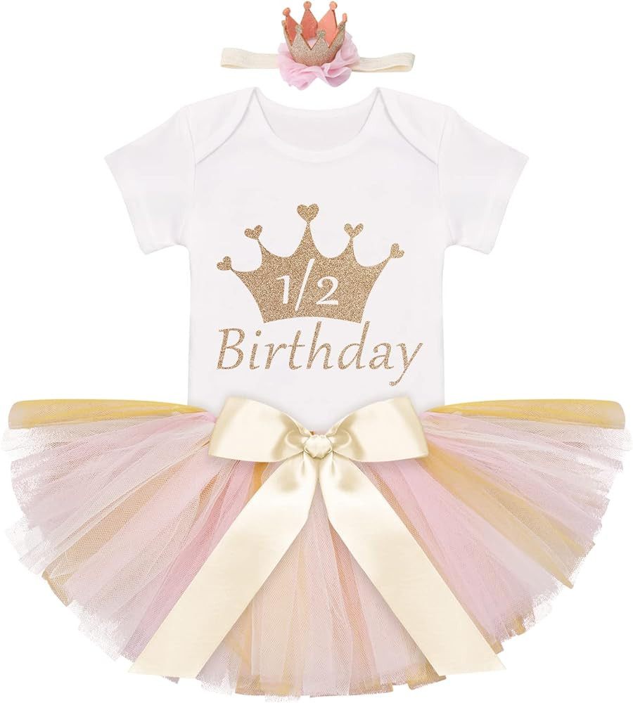 Birthday Outfit Girls Baby Strawberry Heart One Romper + Ruffle Tulle Skirt + Sequins Crown Headb... | Amazon (US)