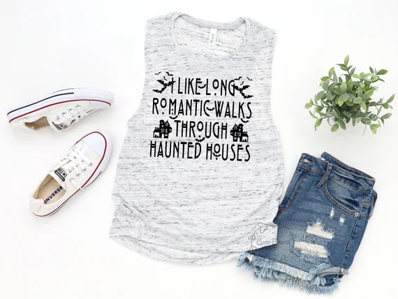 I Like Long Romantic Walks Though Haunted Houses - womens muscle tank. Halloween Icons Shirt, Hal... | Etsy (US)