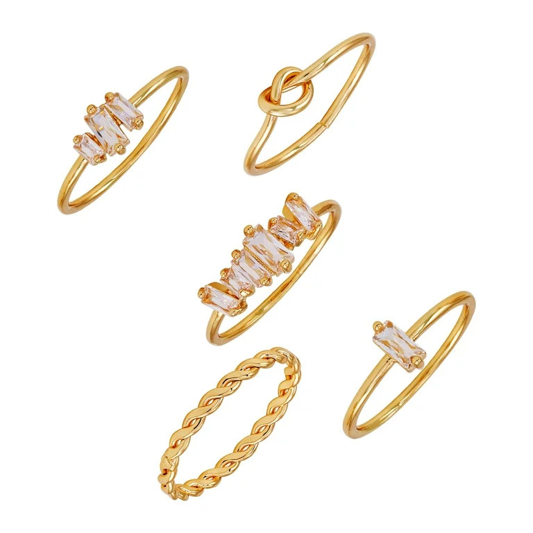 Time and Tru Women's Gold Tone Faux Crystal Ring Set, 5-Piece - Walmart.com | Walmart (US)