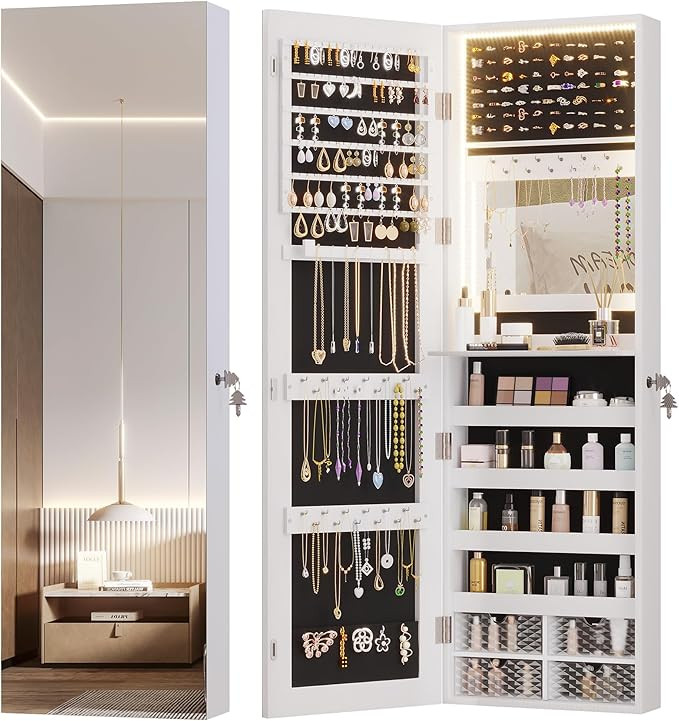 Vlsrka 47.2" LED Jewelry Mirror Cabinet, Wall/Door Mounted Jewelry Armoire Organizer with Full Le... | Amazon (US)