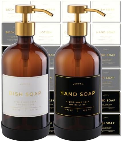 Hand and Dish Soap Dispenser for Kitchen and Bathroom, Set of 2 16 Oz Glass Bottles, Stainless St... | Amazon (US)