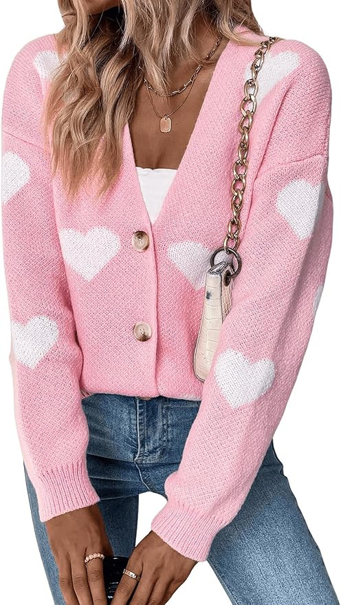 Women's Heart Sweater Cardigan Long Sleeve Button Knit Valentines Day Sweater | Amazon (US)