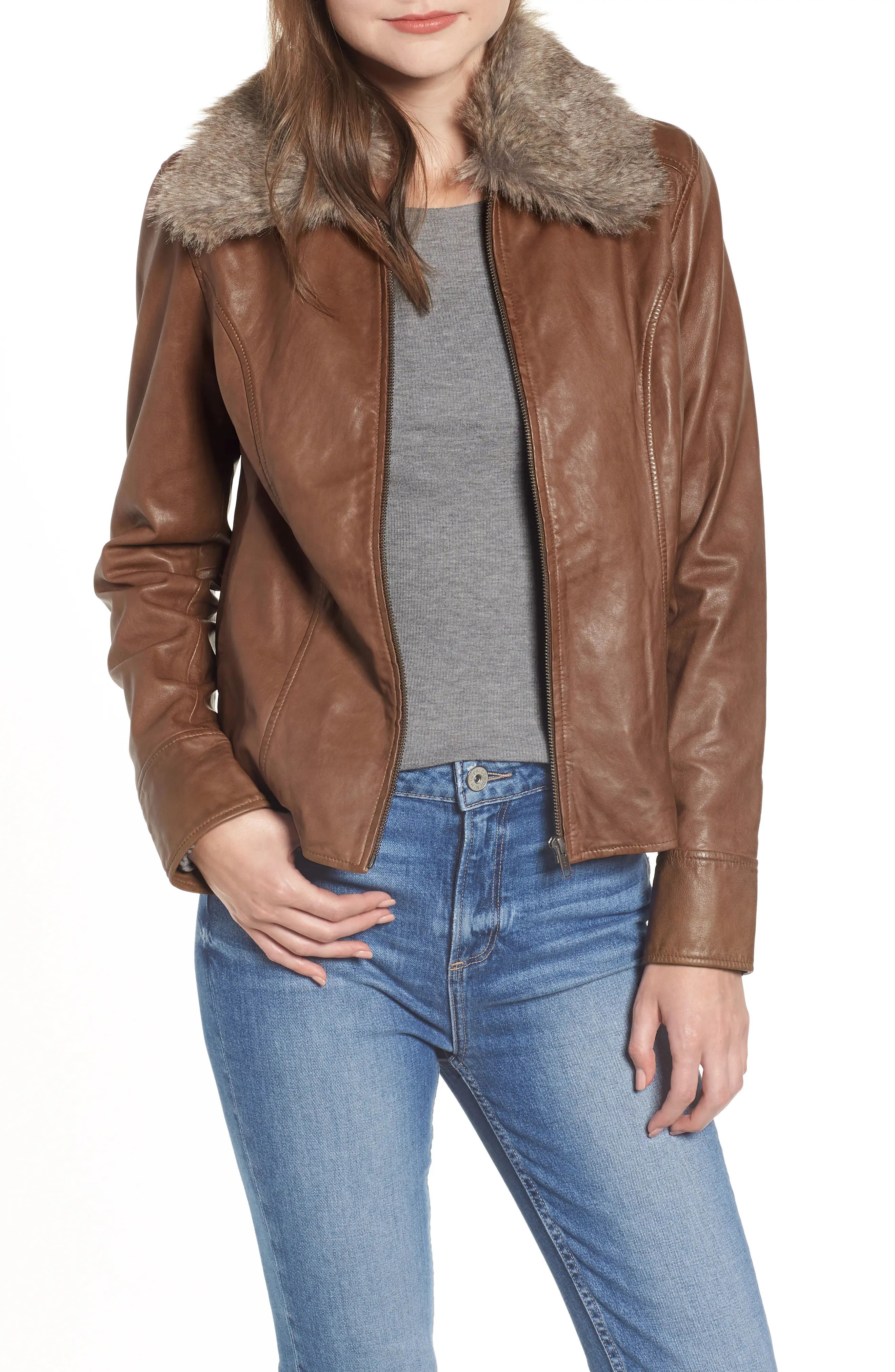 Women's Hinge Faux Fur Collar Leather Jacket, Size XX-Small - Brown | Nordstrom