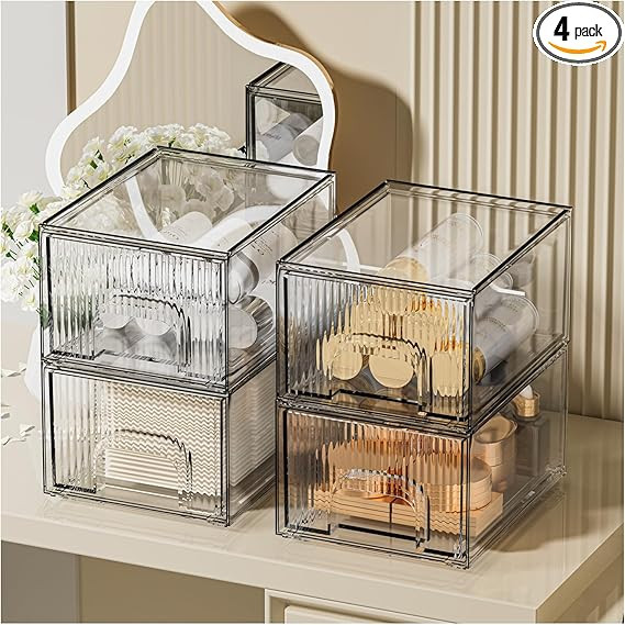 ZHIAI 4 Pack Clear Stackable Storage Drawer, Acrylic Drawer, Cosmetic Organizer, Plastic Organize... | Amazon (US)