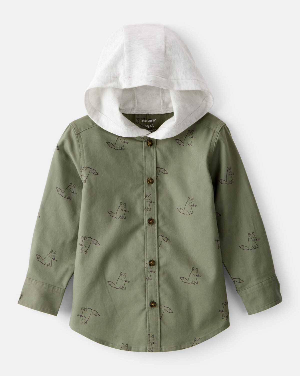Toddler Boy Racoon Print Cotton Long-Sleeve Hooded Button-Down Shirt - Green | Carter's Inc