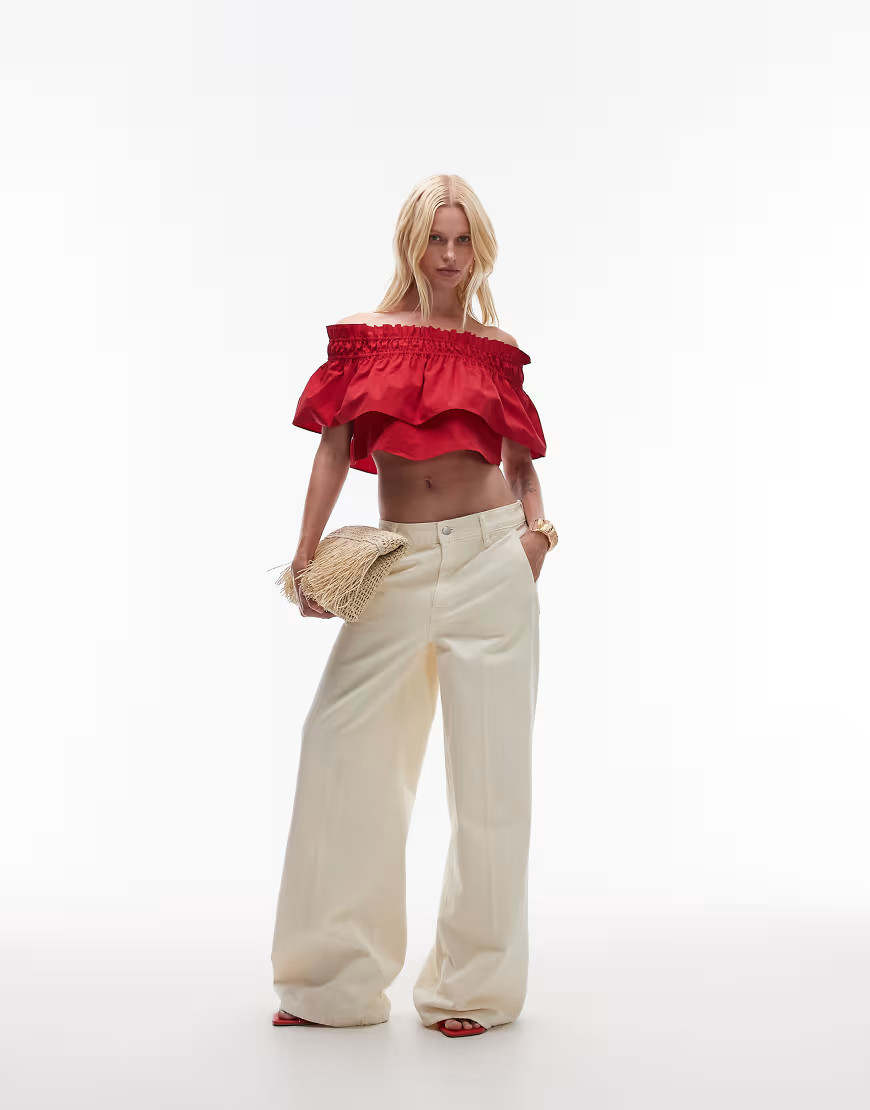 Mango featuring Kaia Gerber premium cotton shirred detail bandeau top in red | ASOS (Global)