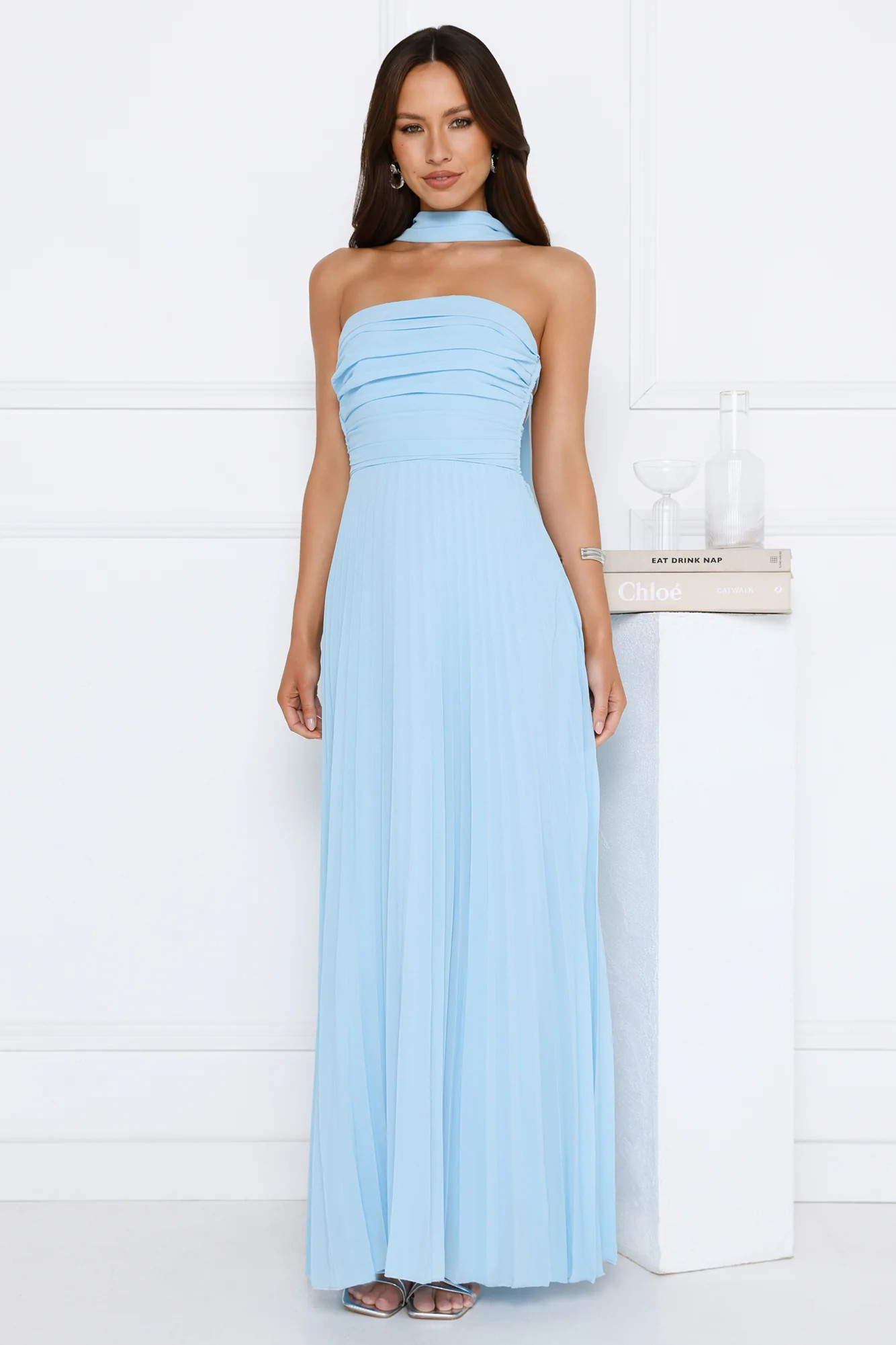 Sugar Babe Strapless Pleated Maxi Dress Blue | Hello Molly (US)