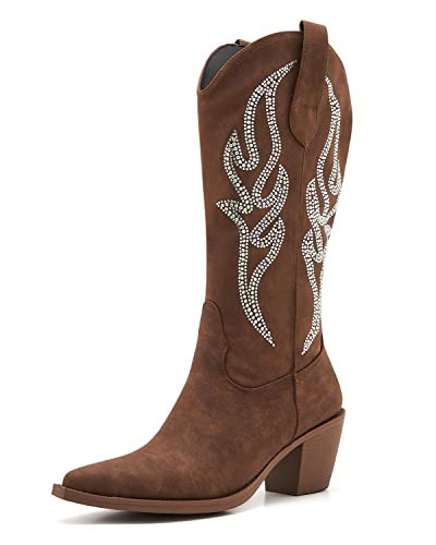 ZXHYZLZ Women's Brown Cowboy Boots Classic Pointed Toe Block Heel Embroidered Cowboy Boots Western Boots Mid Boots Size 7 | Amazon (US)