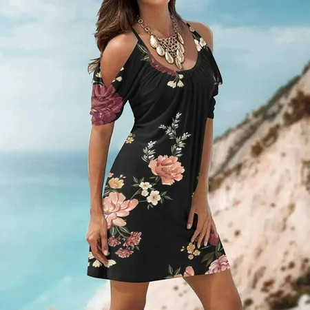 Aayomet Spring Dresses For Women Summer Women Crew Neck Cold Shoulder Floral Printed Straps Swing Dress Cute Beach Cover Up Pink 3XL | Walmart (US)