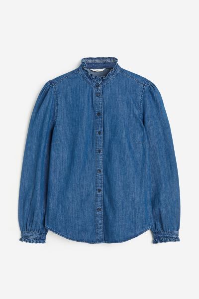 Frill-trimmed denim blouse - Denim blue - Ladies | H&M GB | H&M (UK, MY, IN, SG, PH, TW, HK)