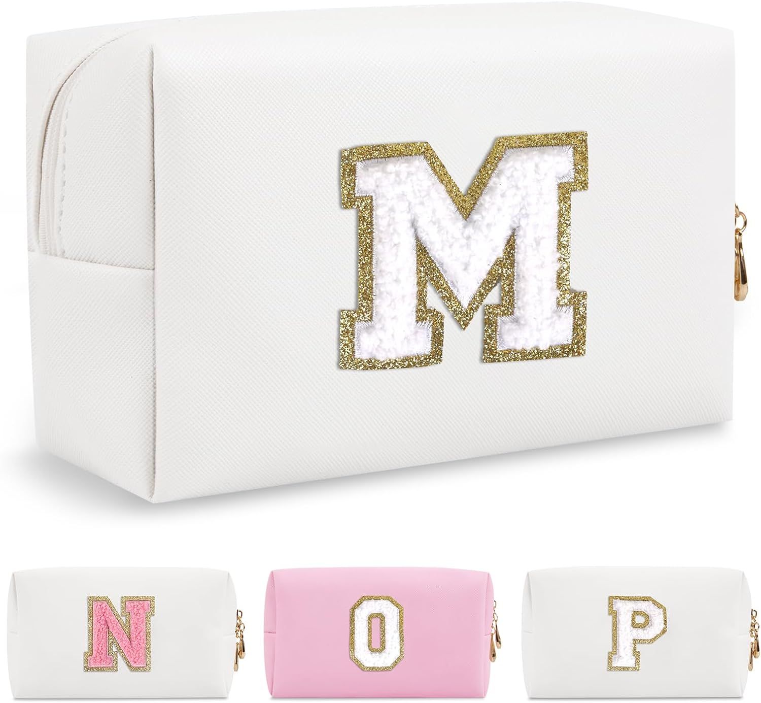 Small Personalized Initial A-Z Preppy Patch Makeup Bag,White PU Chenille Letter Travel Cosmetic P... | Amazon (US)