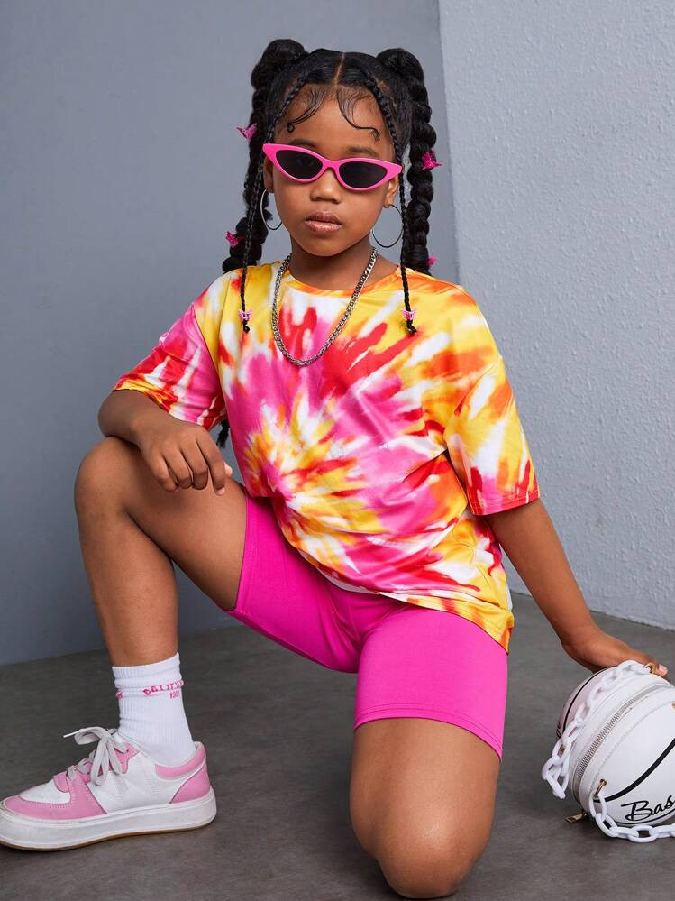 SHEIN Tween Girl Casual Simple Tie-Dye Loose Round-Neck Short Sleeve T-Shirt And Cycling Shorts Set Summer Outfits | SHEIN