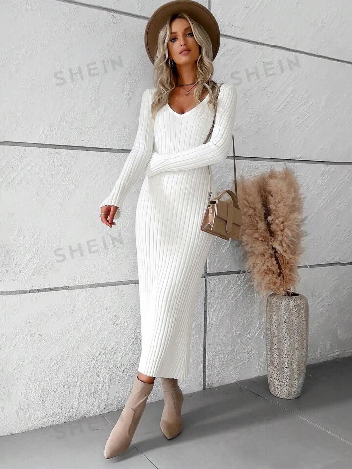 Solid Ribbed Knit Bodycon Sweater Dress | SHEIN