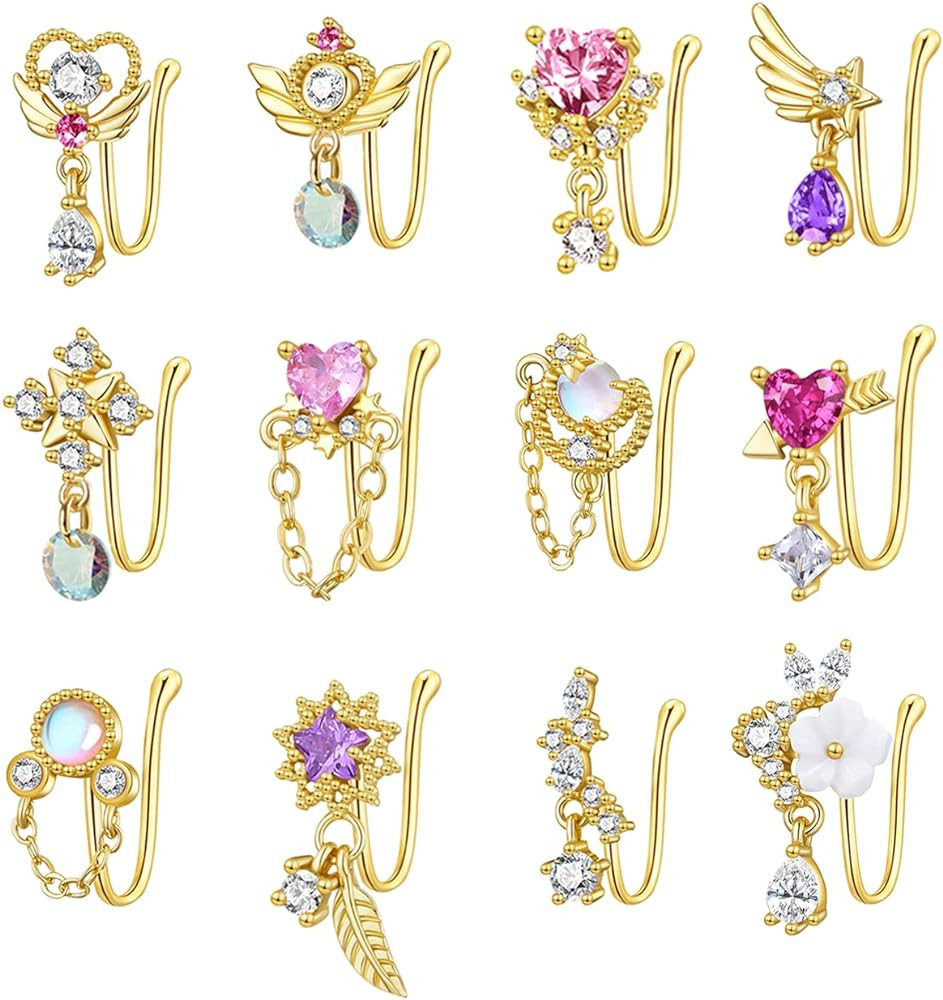 PLOMFOV 12Pcs Fake Nose Ring for Women Dangling Nose Cuffs Faux Clip on Nose Ring for Non Pierced... | Amazon (US)