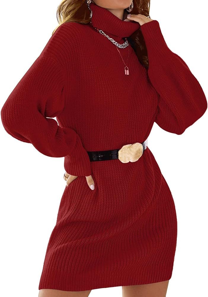 Womens Turtleneck Sweater Dress Winter 2025 Ladies Dressy Casual Ribbed Knit Long Sleeve Mini Dre... | Amazon (US)
