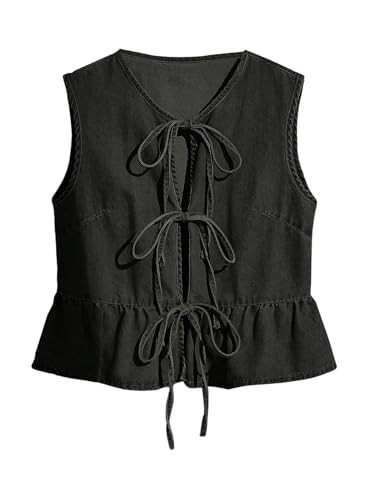 BEAUDRM Women's Bow Tie Front Denim Vest Jacket Ruffle Hem Jean Vest Sleeveless Peplum Tank Tops Streetwear Black Large | Amazon (US)