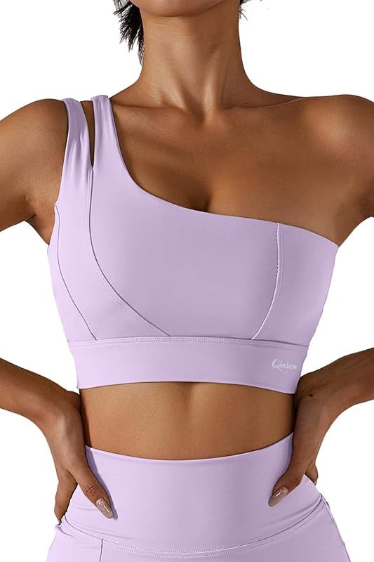 QINSEN Womens One Shoulder Yoga Bra Cutout Straps Athletic Sports Running Workout Top | Amazon (US)