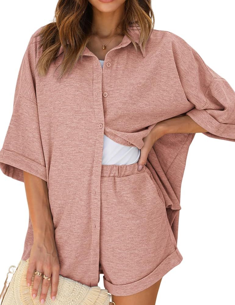 Ekouaer Waffle Knit Lounge Sets for Women Short Sleeve Pajamas Button Down Pjs Oversized Loungewe... | Amazon (US)