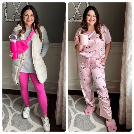 Valentine’s Day. Valentine’s Day outfit of the day. Pink outfit. Red outfit. Valentine’s Day teacher outfit. Teacher outfit of the day. Sneakers. How to style. Valentine’s Day pajamas. Pink leggings. Belt bag. White sneakers. Fuzzy slippers.

#LTKstyletip #LTKmidsize #LTKshoecrush