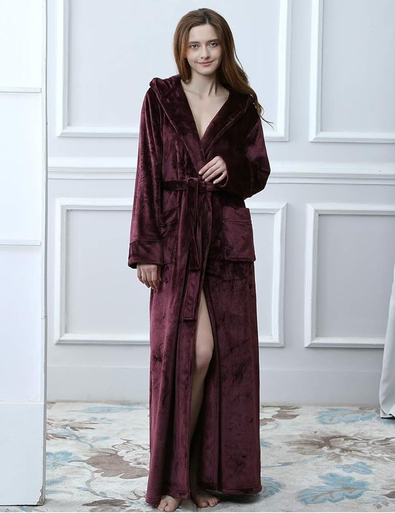 Womens Long Hooded Bathrobe Fleece Full Length Bathrobe with Hood Winter Sleepwear | Amazon (US)