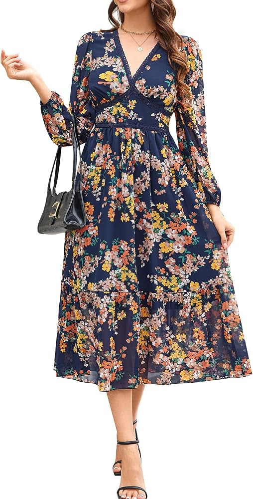 Women's Spring Wrap Maxi Dress Floral V Neck Long Sleeve Wedding Guest Party Casual Chiffon Dress | Amazon (US)