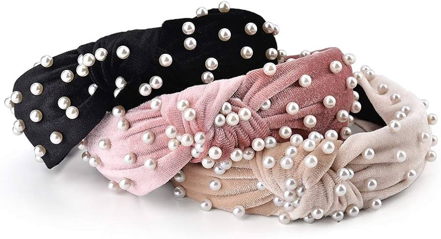 3 Pack Velvet Wide Headbands Knot Turban Headband Vintage Hairband with Faux Pearl Elastic Hair H... | Amazon (US)