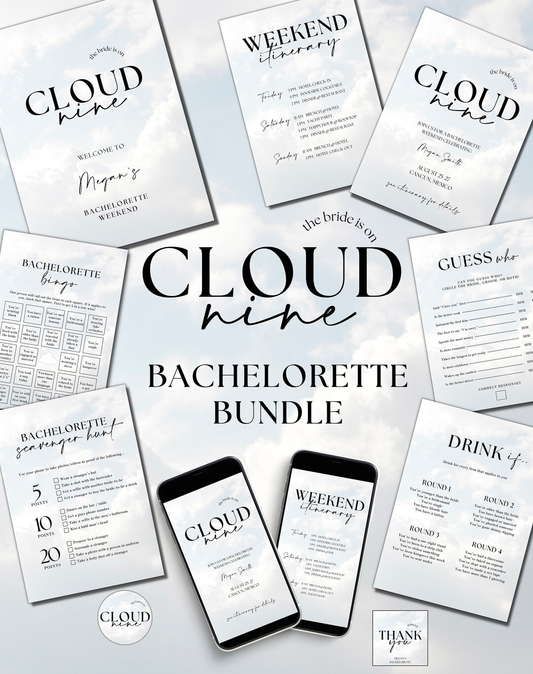 Cloud Nine Bachelorette Bundle Cloud 9 Bachelorette Invite, Itinerary, Games the Bride is on Clou... | Etsy (US)