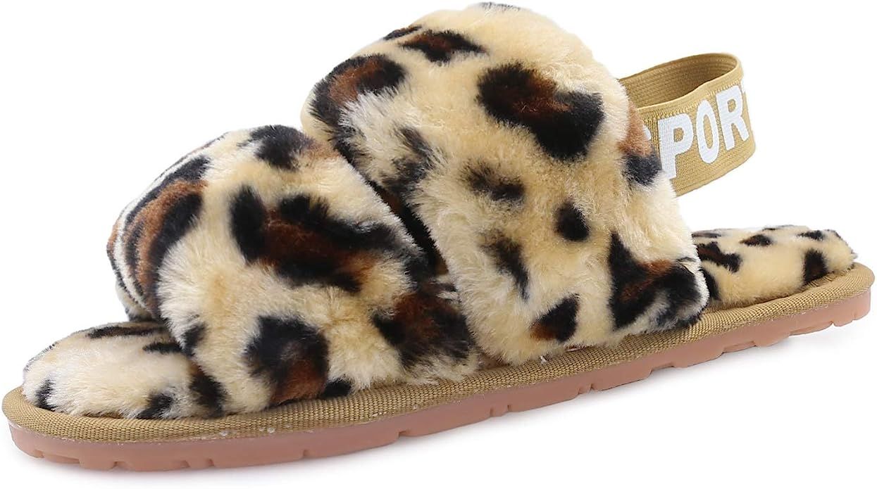 Women's House Fuzzy Sandals Slipper Fluffy Slides Leopard Print Soft Warm Comfy Open Toe Cozy Be... | Amazon (US)