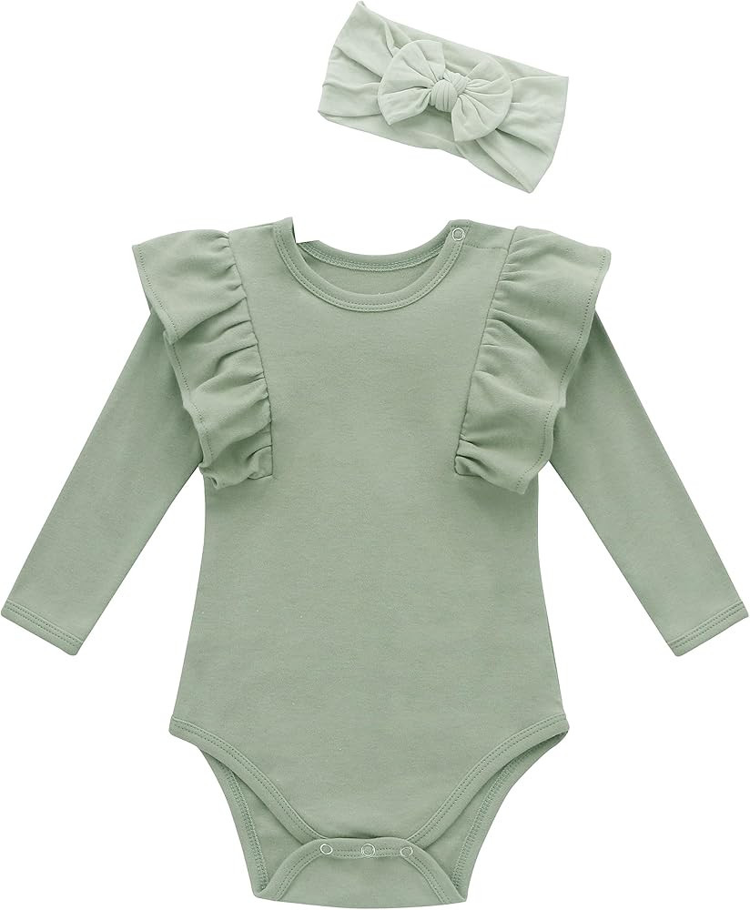 O2 BABY Organic Cotton Baby Girls Romper Bodysuit Jumpsuit with Headband Outfit | Amazon (US)