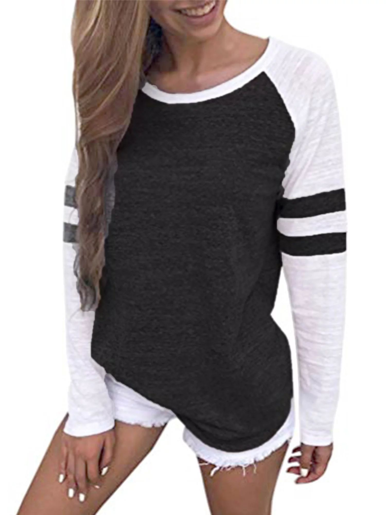 Long Sleeve Shirts for Juniors Striped Splice Color Blouse Patchwork Tops T-shirt Black Size S/M/... | Walmart (US)