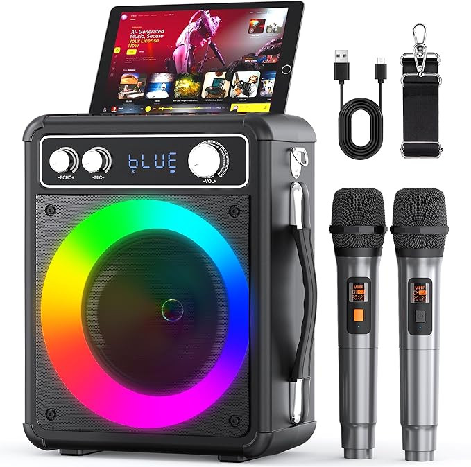 Karaoke Machine, Portable Bluetooth Karaoke Speaker with 2 Wireless Microphones, PA System for Ad... | Amazon (US)