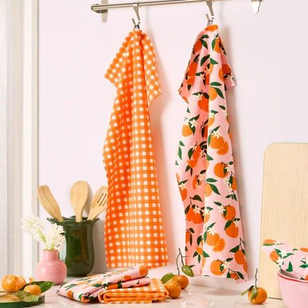KATE SPADE NEW YORK Squeeze The Day And Spring Gingham Kitchen Towel Set, 17"x28", Orange | Wayfair North America