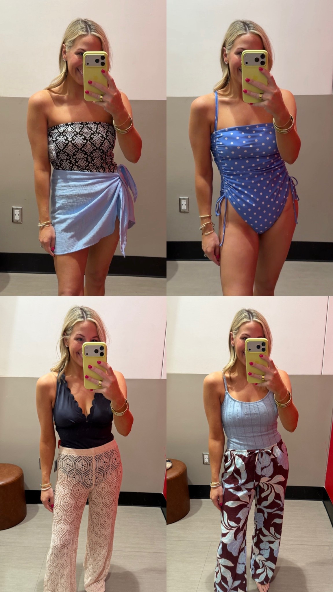 New Target swim!! I sized up to a medium in all of these as I don’t like mine too tight. I’m typically a 2/4 or small. 
The polka dot one is cheeky and high cut but the others are really good full coverage! 
I did an XS in the sarong wraps and both pants! 

#LTKootd #LTKPetite #LTKmomlife