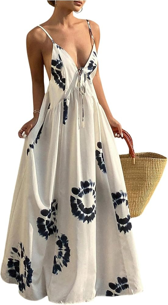 SOLY HUX Women's Boho Floral Print Backless Maxi Dress Tie Front Deep V Neck Sleeveless A Line Fl... | Amazon (US)