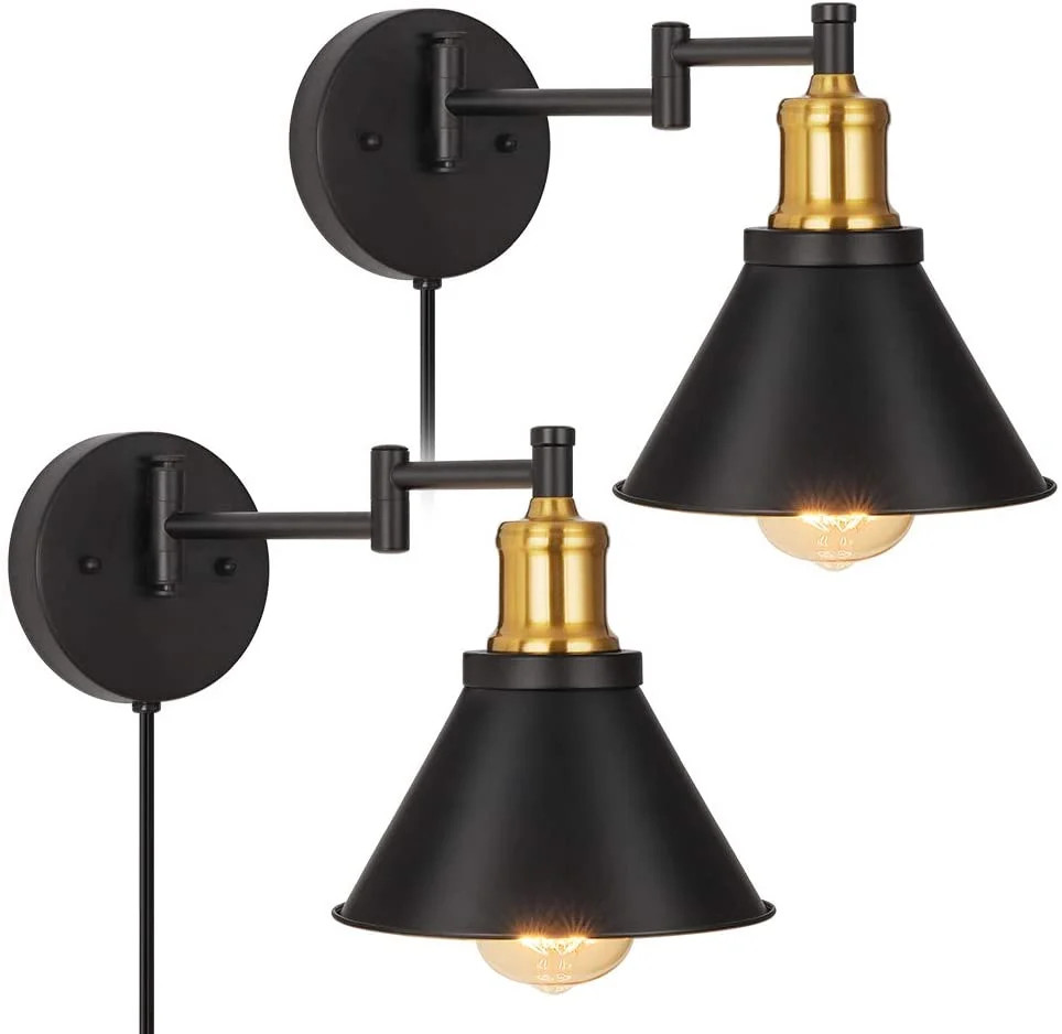 Swing Arm Wall Light Industrial Wall Sconce Bedside Reading Light Set of 2 Black - Walmart.com | Walmart (US)
