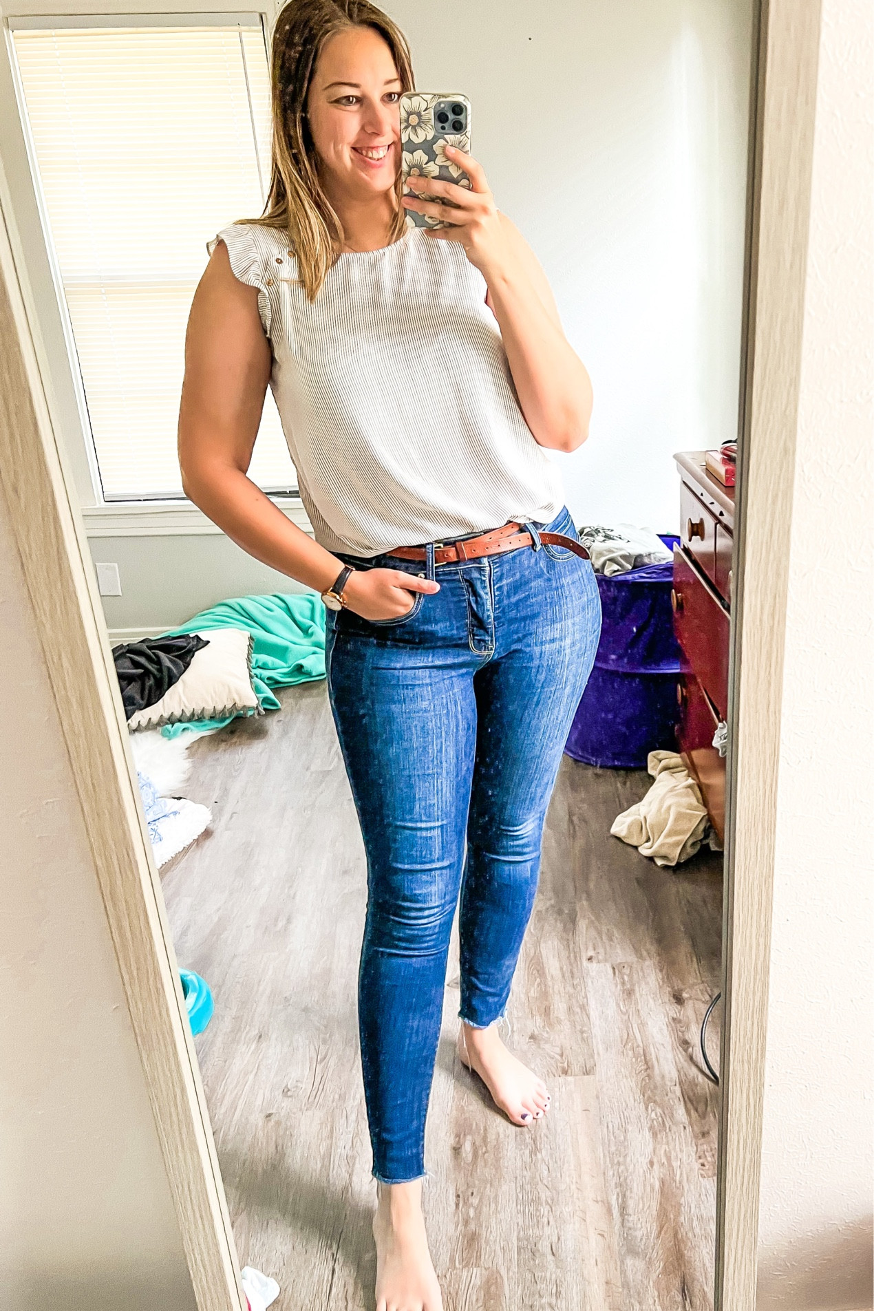 Saturday 6.17.23 ootd - blue and white striped sleeveless blouse from loft (old, linking similar) and seven7 high rise skinny jeans (wearing size 10) 

Midsize, midsize ootd, Outfit inspo, ootd, size 10, size 10 style, work blouse, affordable style, casual style, summer outfit 

#LTKworkwear #LTKunder50 #LTKFind