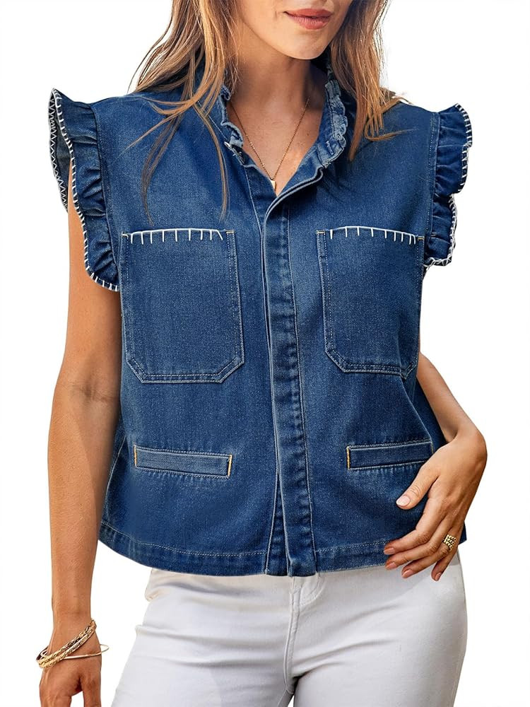 Tankaneo Womens Denim Vest Ruffle Sleeve Summer Causal Cropped Jean Vests Tops Sleeveless Jackets | Amazon (US)