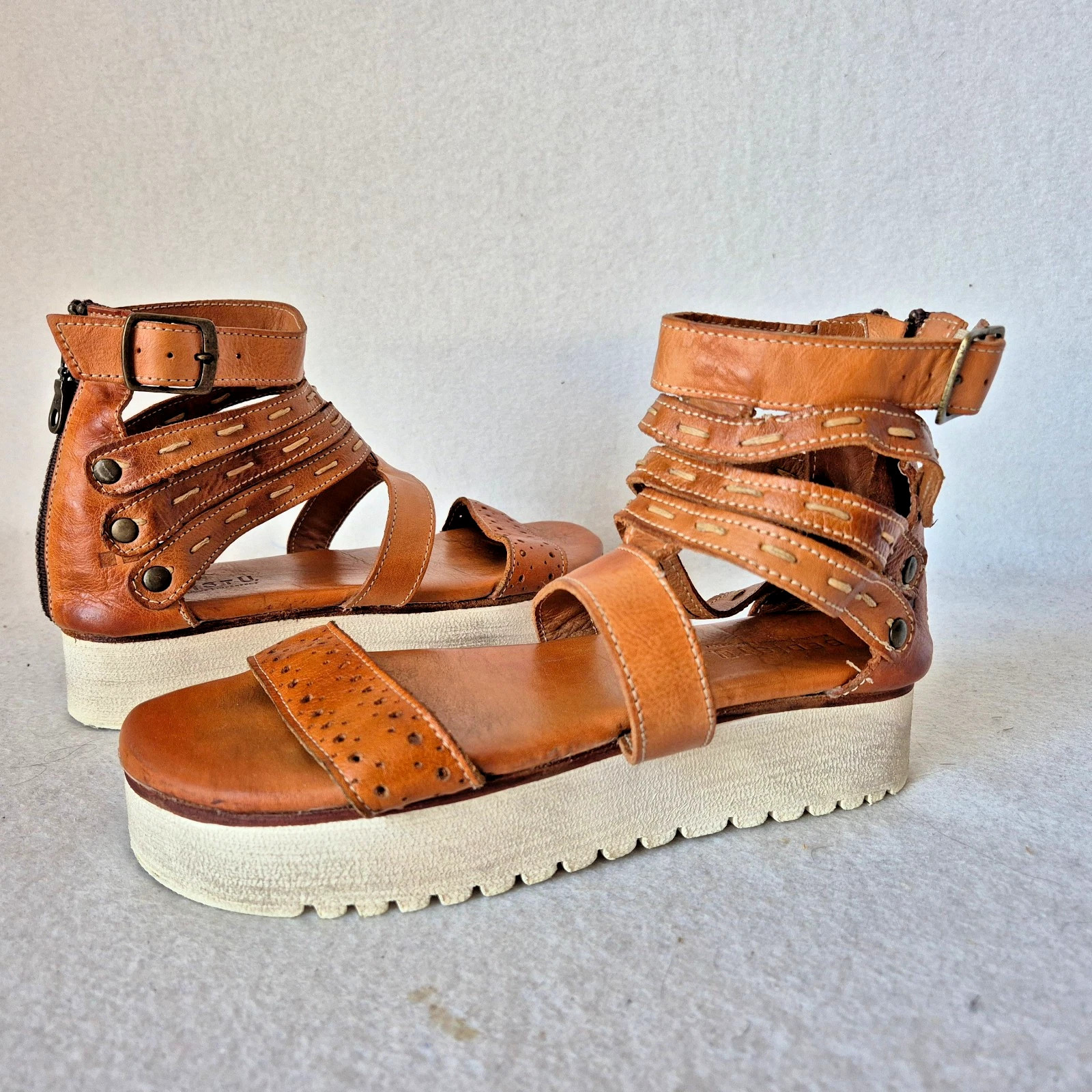 Bed Stu Artermia Platform Ankle Sandals Back-Zip Perforated Leather Tan US8.5 | eBay US
