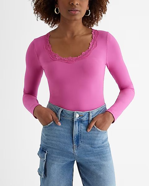 Fitted Scoop Neck Lace Trim Long Sleeve Tee | Express (Pmt Risk)