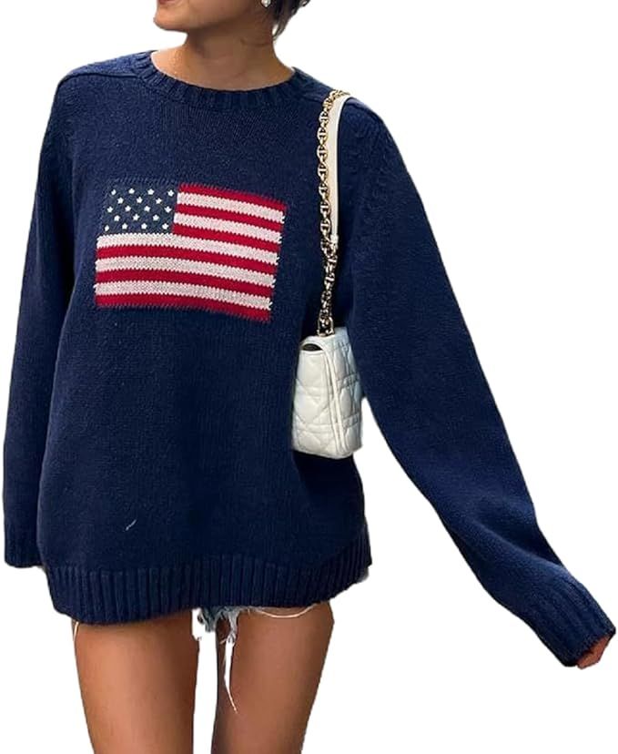Women American Flag Sweater Vintage Print Long Sleeve Crew Neck Knit Pullovers Loose Fit Side Sli... | Amazon (US)