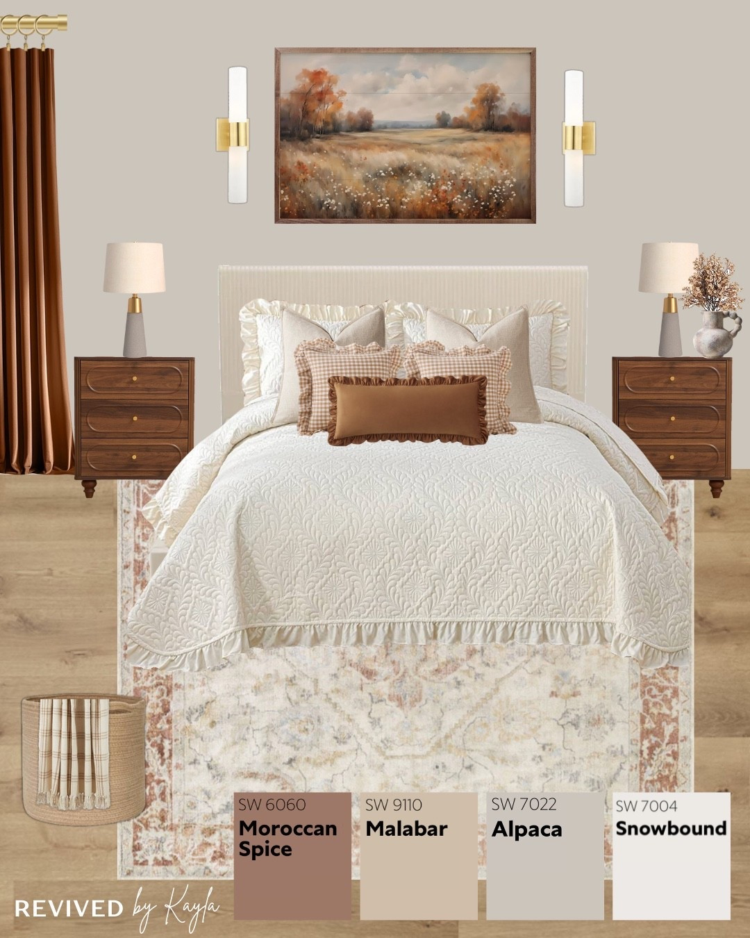 Brown, rust, and cream bedroom design with paint color palette from Sherwin Williams 🍂 

#homedecor #homedesign #bedroomdecor #bedroomdesign #bedroomideas #bedroominspo #homeinspo #falldecor #fallcolors #home #inspiration #paintcolors #masterbedroom #primarybedroom #guestbedroom #rug #curtains #nightstands #lamps #comforter #throwpillows #moodboard 

#LTKFindsUnder50 #LTKHome #LTKFindsUnder100