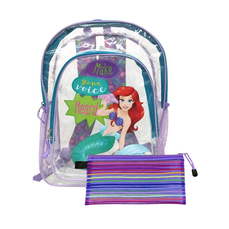 The Little Mermaid Transparent Backpack 16" Ariel w/ Zipper Mesh Pencil Pouch | Walmart (US)