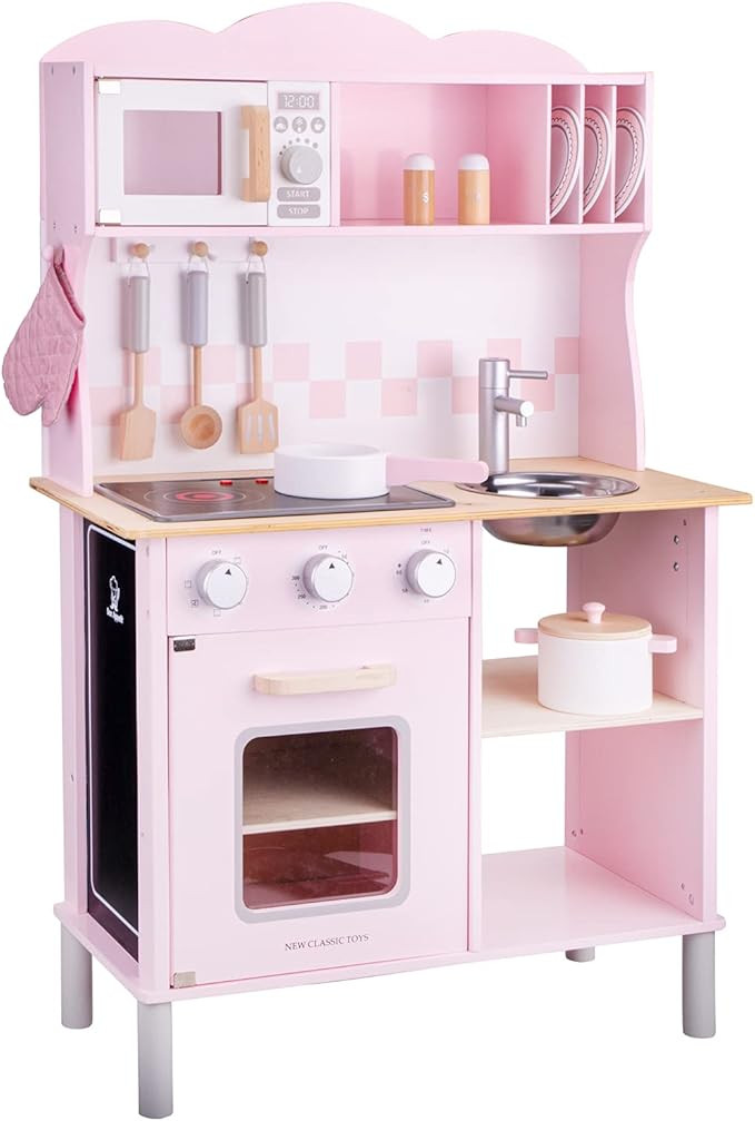 New Classic Toys Wooden Pretend Toy Kitchen for Kids Role Play Included Accessoires Pink Colored ... | Amazon (US)