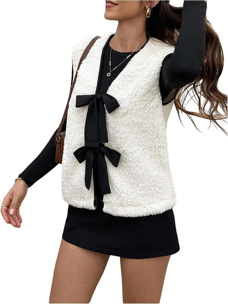OYOANGLE Women's Bow Tie Front Fuzzy Vest V Neck Sleeveless Warm Sherpa Jackets Coat | Amazon (US)