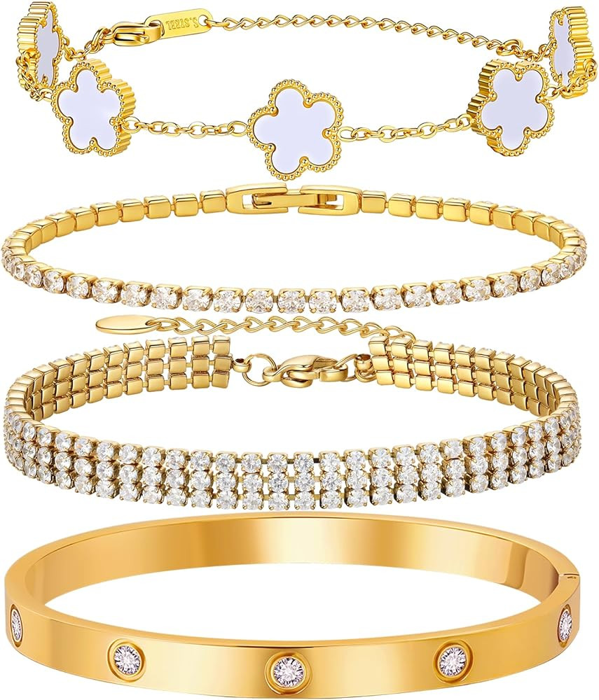 Amazon.com: MVCOLEDY 18 K Gold Plated Love Bracelet Stack for Women 4-Piece Bracelet with Synthet... | Amazon (US)