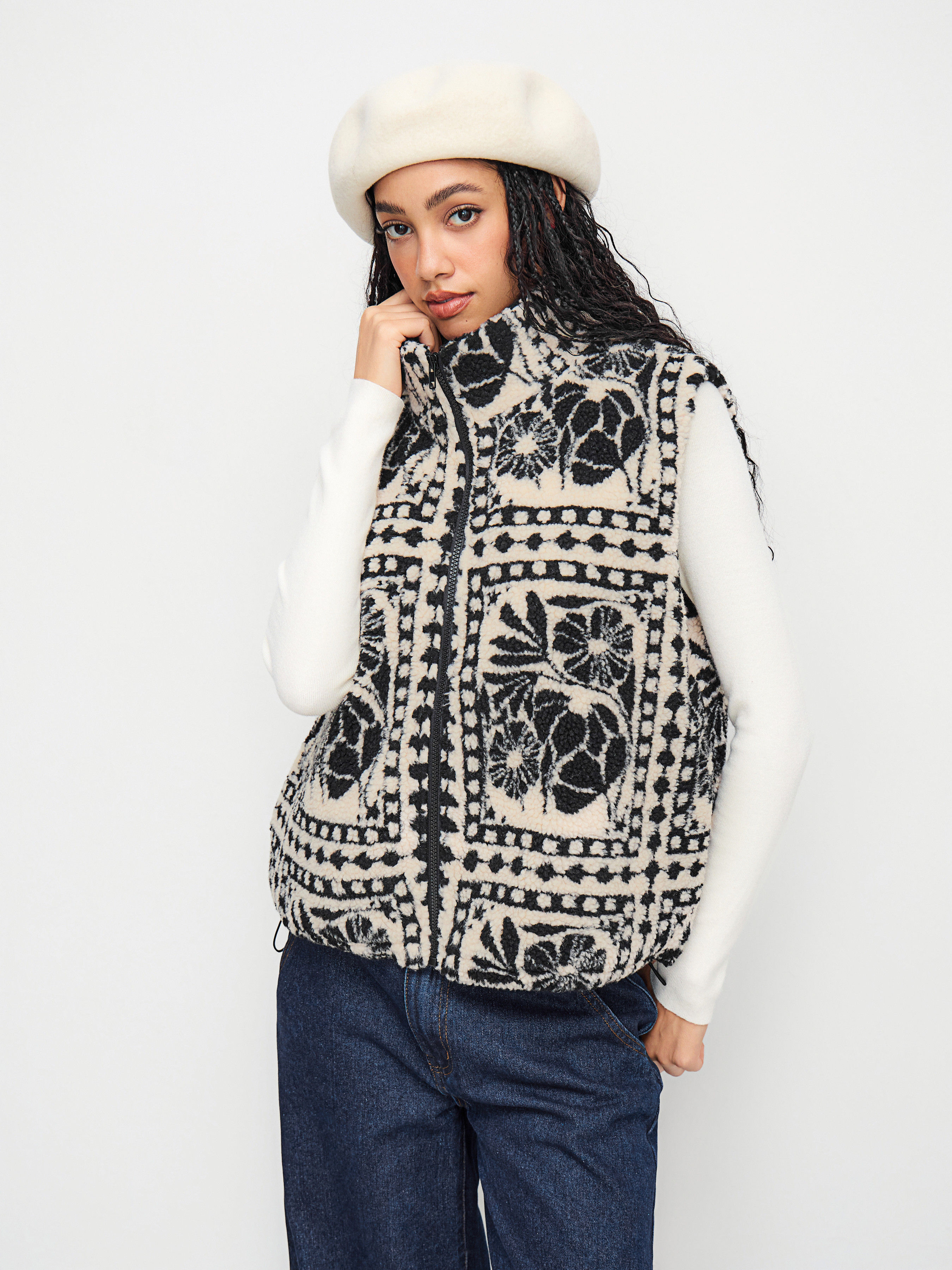 Fleece Fleece Funnel Neck Floral Oversized Jacket Vest For Daily Casual | Cider