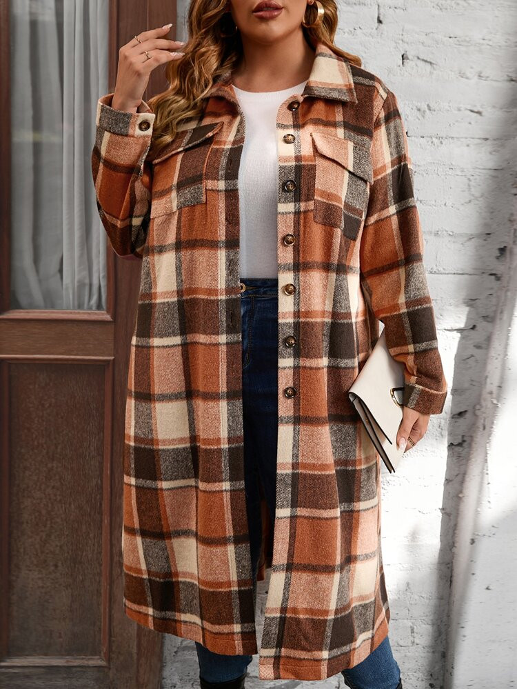 Plus Flap Pocket Plaid Coat | SHEIN