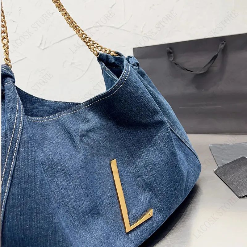 Large Canvas Shopping Totes Woman Chain Lage Capacity Handbags Beach Denim Shoulder Bag Gold Lett... | DHGate