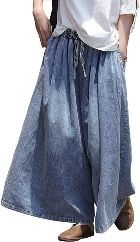 Extra Wide Leg Denim Pants for Women Long Jeans Elastic Waist with Pockets Plus Size Loose Casual | Amazon (US)
